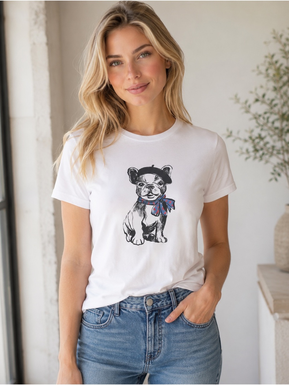 NWT GAP White Tee with Black French Bulldog and Blue-Accent Scarf